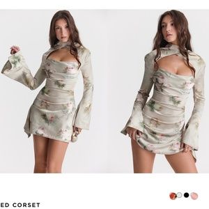 House of CB ‘Toira’ Vintage Floral Draped mini green Corset Dress NWOT size L